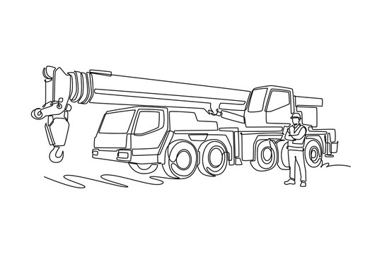 Single continuous line drawing male operator standing with arms folded beside a massive mobile crane truck on an industrial construction site. Dynamic one line draw graphic design vector illustration