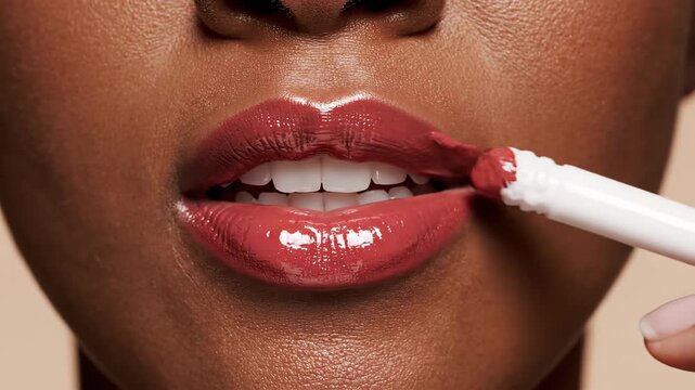 Close up of glossy rose liquid lipstick application for vibrant beauty and smooth skin texture