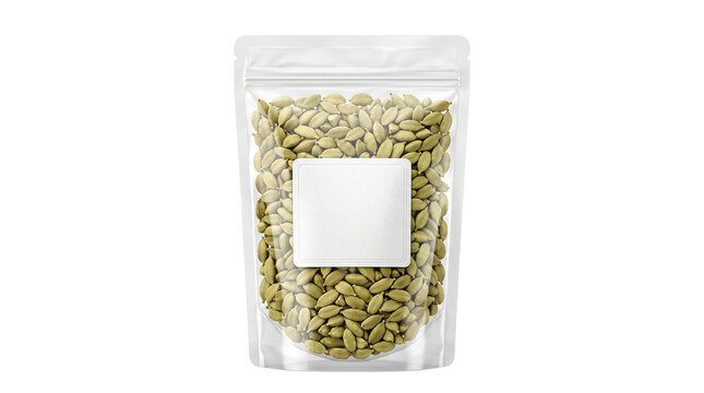 Raw pumpkin seeds in transparent stand-up pouch, organic pepitas in plastic zip bag with white label, healthy snack food packaging mockup isolated PNG with Transparent Background