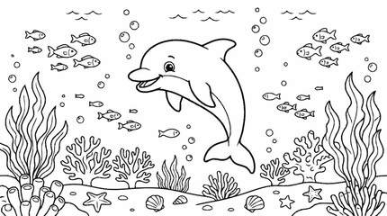 Cute cartoon dolphin coloring page outline vector illustration of a happy smiling marine mammal. © Nurul izzati