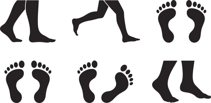 Set of black silhouette human legs and footprints on white background feet walking