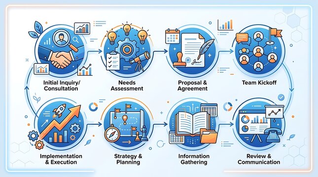 Corporate workflow infographic showing eight steps of project management