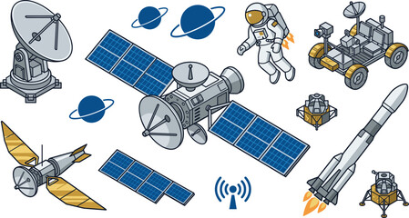 Isometric space exploration technology vector illustration kit featuring communications satellite rocket rover astronaut lunar lander and radar dish isolated on white background © MdMoksedul