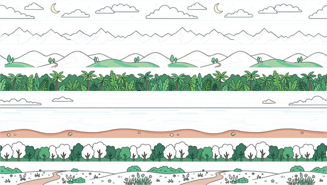 Vector set of seamless nature landscape borders featuring mountains hills jungle ocean beach forest and fields