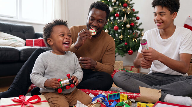 A playful toddler plays with a toy train near father and brother beside a Christmas tree for joyful holiday family promotional imagery