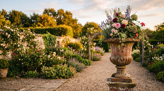 classical vase overflowing with flowers and ivy on garden path in late afternoon