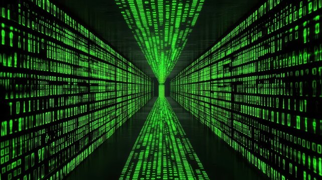 Abstract digital tunnel corridor featuring glowing green binary code data streams