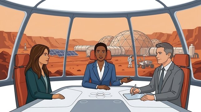 Business meeting at a futuristic base on the planet mars