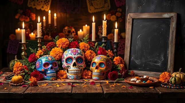 Festive happy halloween background featuring decorated sugar skulls marigold flowers and glowing candles on a rustic wooden table