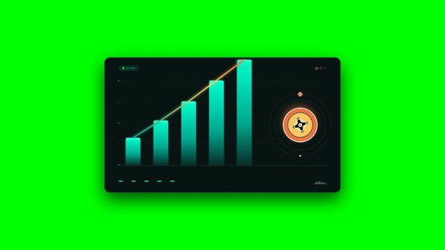 Abstract financial analytics dashboard featuring growing bar charts and circular graphics on green background.