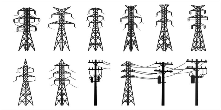 Silhouettes of Electricity Transmission Towers and Wooden Power Poles Keywords: electricity, power, transmission, tower, pylon