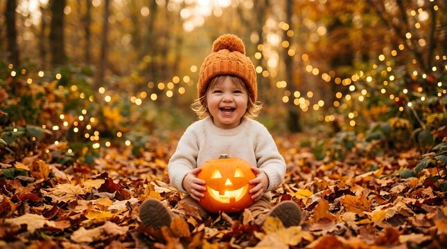 A cute laughing toddler sitting in autumn leaves with a glowing jack o lantern for happy halloween