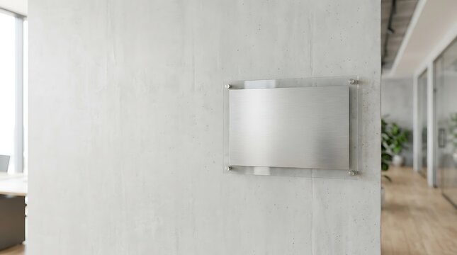 Blank silver plaque on a modern concrete office wall mockup