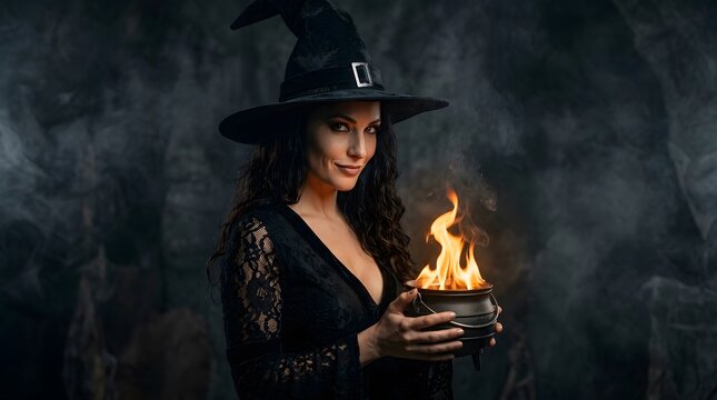Mysterious witch holding a magical fire in her hands for a spooky happy halloween celebration portrait