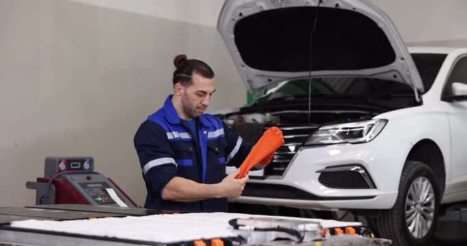 Professional EV technician putting on insulated safety gloves before performing high-voltage battery maintenance in a modern electric vehicle service workshop.