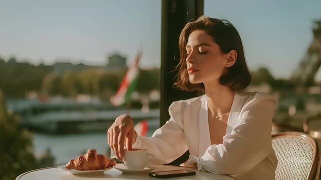 Paris, France, Europe. A portrait of a woman seated at a table in a cafe, overlooking the Eiffel Tower. She wears a white blouse with a bow at the neckline and her hand rests on her chin.