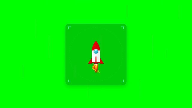 Green screen video featuring a retro-style pixelated rocket launching inside a digital interface window.