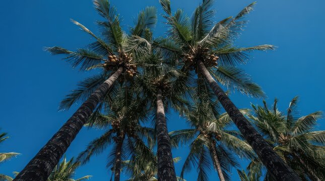 Upward view of majestic palm trees reaching for the bright blue sky.