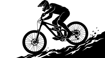 Fototapeta premium Silhouette of a mountain biker riding downhill on a rugged trail