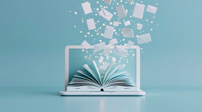 Education and online learning with digital library book icons on laptop screen