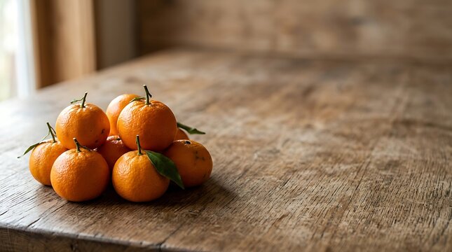Fresh mandarin oranges on a rustic wooden table