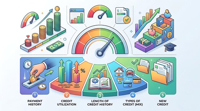 Comprehensive credit score factors infographic with financial icons