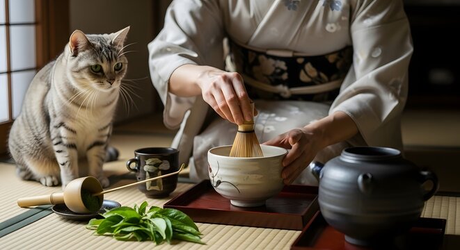 Woman in kimono prepares matcha tea with cat