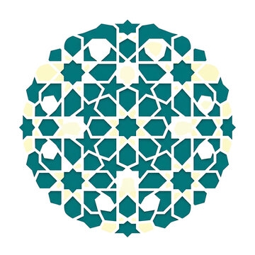 Circular Teal and Yellow Islamic Geometric Pattern with Intricate Star Designs Isolated on White