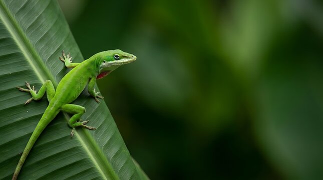 Green anole lizard perched on a large leaf in a lush forest