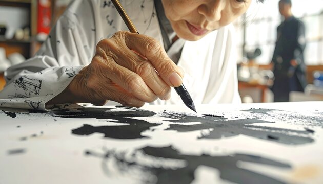 Elderly Artist Practicing Traditional Ink Calligraphy
