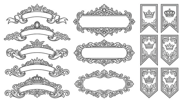 Banners and frames with intricate vintage crown motifs provide elegant decorative elements for formal invitations and certificates.