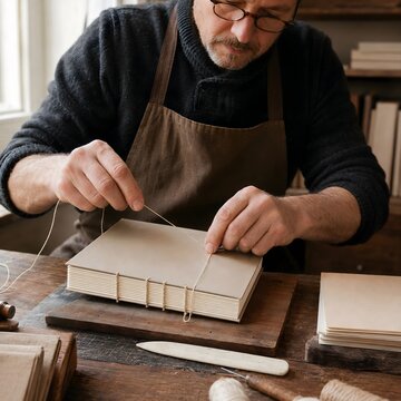 Traditional bookbinder sewing a handmade journal, artisan craftsman in apron working in a rustic studio, vintage bookbinding process with needle and thread