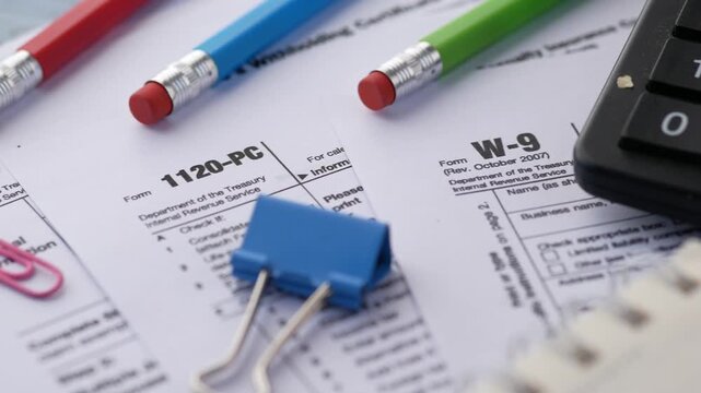 Various tax forms including W-4, 1120-PC, W-9, and 1040 are laid out on a table with colorful pencils and office supplies, showcasing a business and finance setup