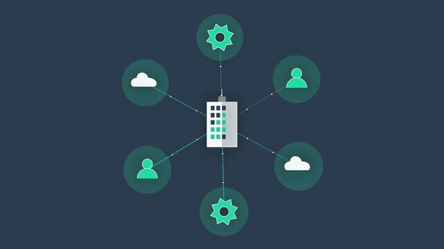 Enterprise network illustration showing a central corporate building connected to cloud, gear, and user icons representing system integration.