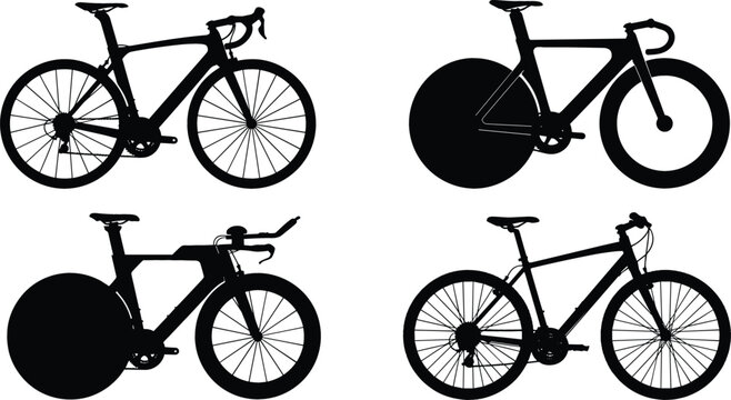 Bicycle Silhouette Icon Set Featuring Professional Road Bike Track Cycling Fixed Gear TT Triathlon Machine and Mountain Trail Bicycle for Outdoor Sport Graphic Designs