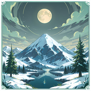 Majestic Snow-Capped Mountain Landscape with Full Moon and Lake Illustration