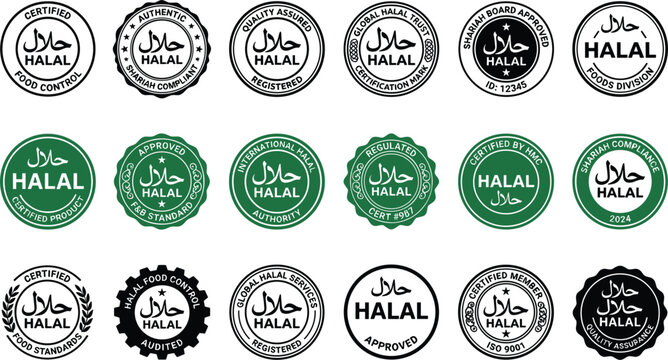 Halal certified label set for islamic food product stamp sticker logo vector illustration isolated on white