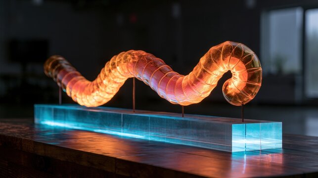 Glowing glass worm sculpture on glass block with blue light. Art.