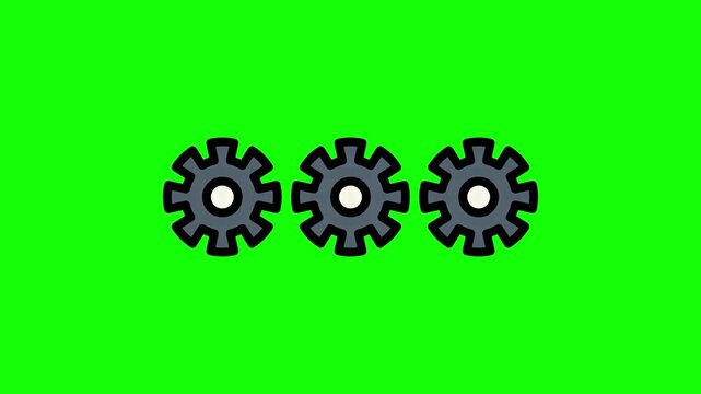 Three simple cartoon style gear icons in a row isolated on a bright green background