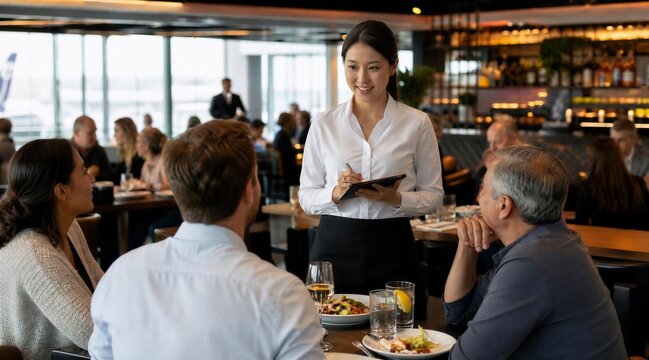 Server taking order on tablet at upscale restaurant
