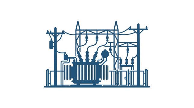 A detailed blue vector illustration of an electrical power substation transformer.