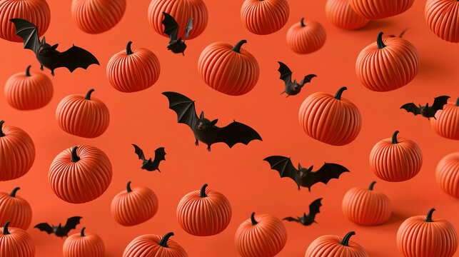 Halloween pumpkin and bat seamless pattern with orange background, festive spooky decor for social media story