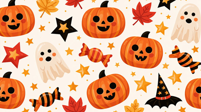 Halloween pumpkin ghost star candy seamless pattern for festive autumn decoration