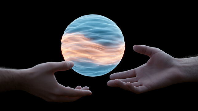 Hands reaching toward holographic wellness sphere with soft light