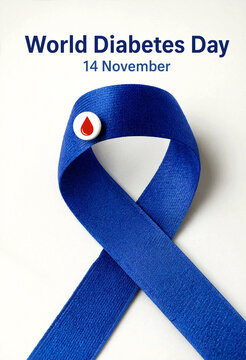 Blue awareness ribbon with a red blood drop symbol for world diabetes day campaign