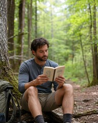 Obraz premium Hiker reading book in forest, man relaxing in woods, outdoor leisure activity