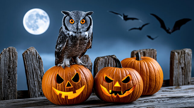Owl pumpkin halloween moon fence night owl jack o lantern autumn harvest