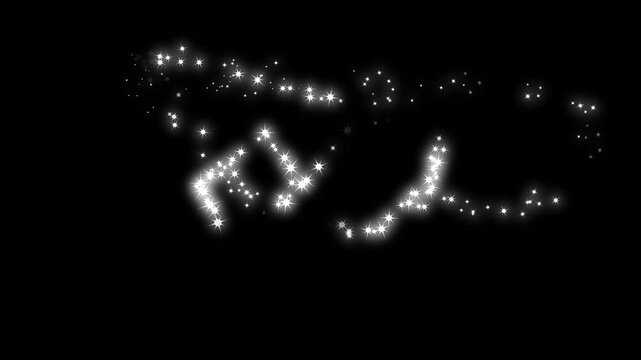 4k Magical glitter sparkle star curved trail fast animation, Twinkling glitter stars with glowing magic dust and sparkling fairy trails, fairy dust wand glitter star trail transition on black screen.