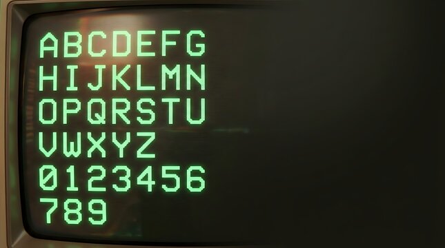 Green pixelated alphabet and numbers on a vintage computer monitor
