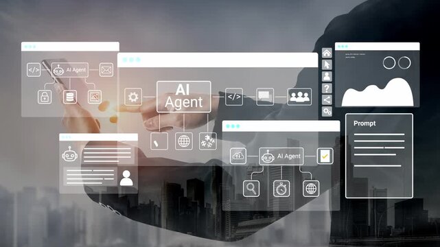 Modern Business Interface with AI Agent Concepts, Digital Interaction and Data Visualization Over Urban City Background. Entropy.